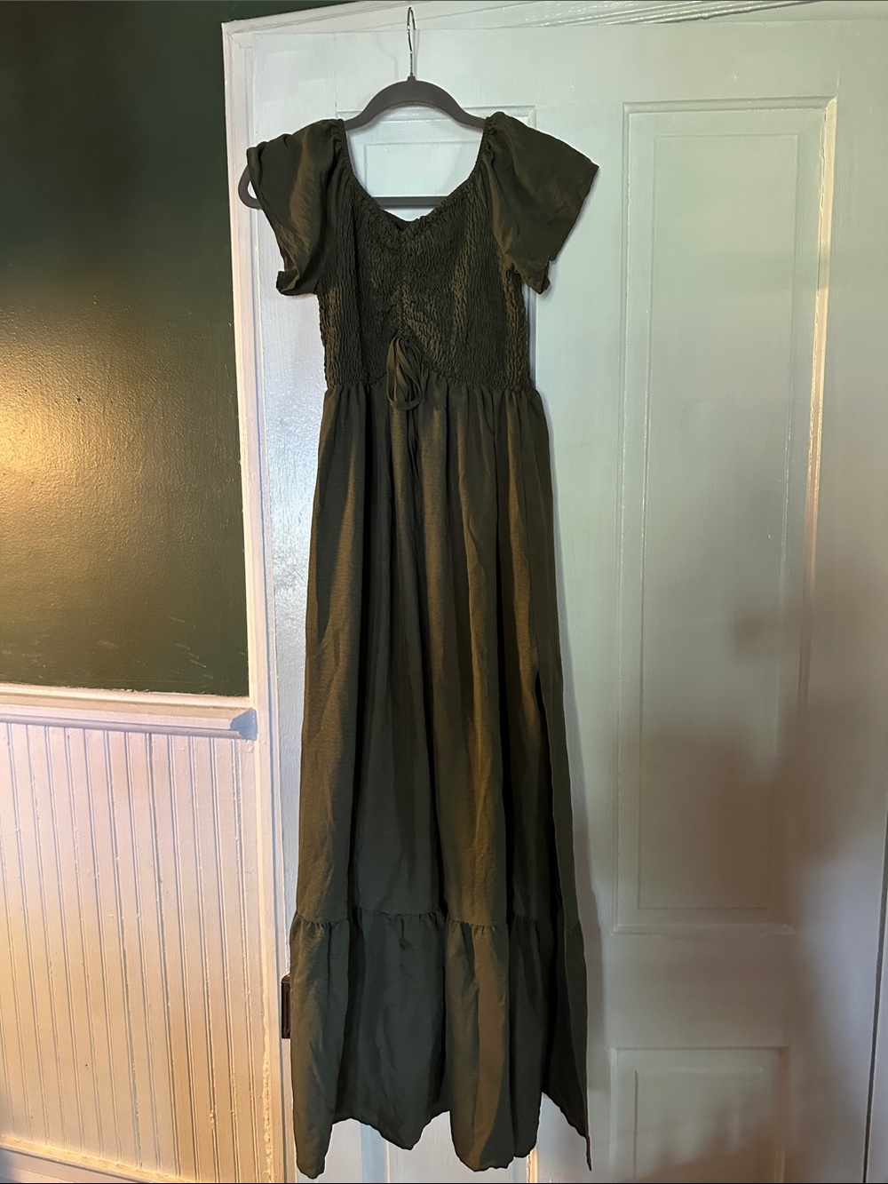 Smocked Olive Green Maxi Dress with Flutter Sleeves